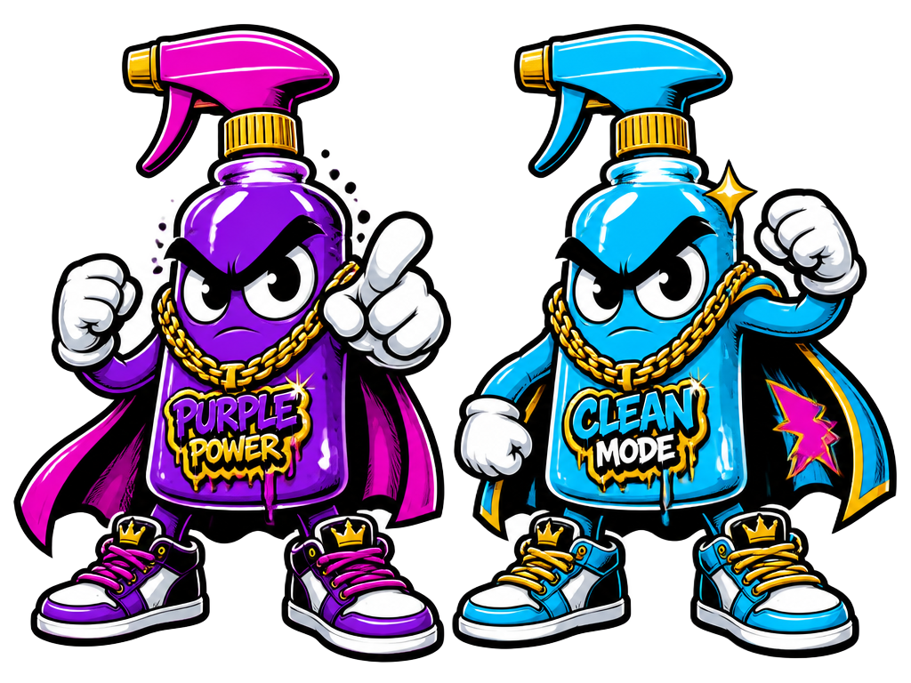 Two comic spray-bottle mascots, purple and cyan