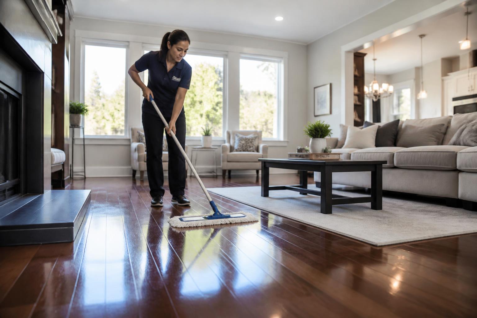 Mopping a glossy floor with a microfibre flat mop