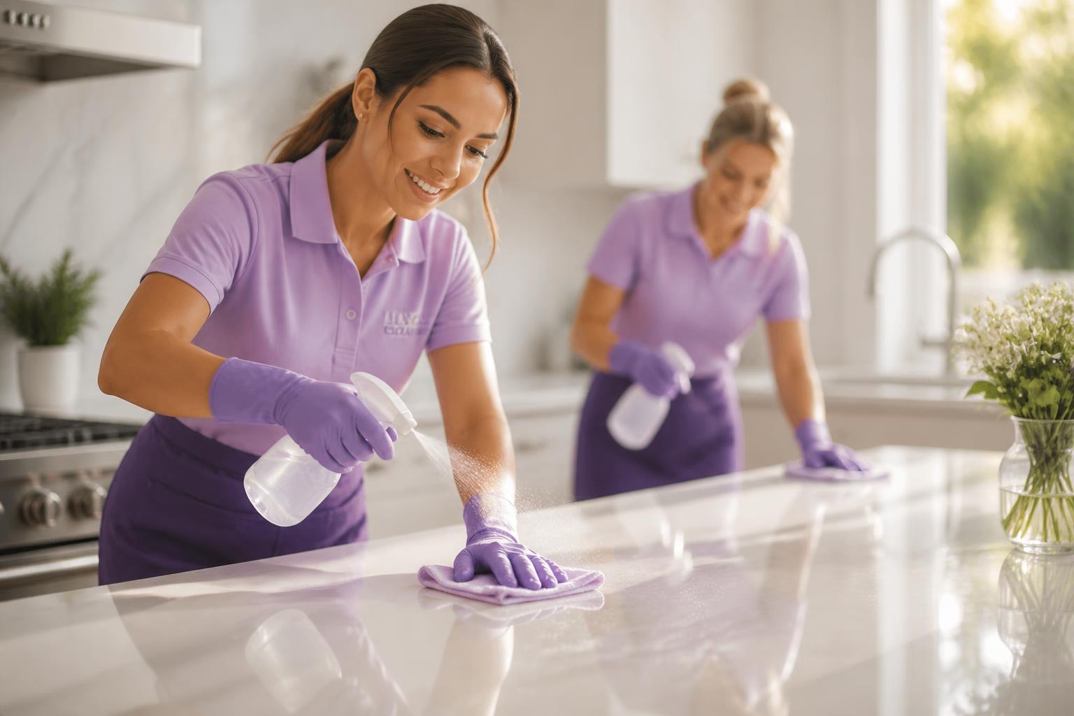 Cleaning crew wiping down a bright kitchen