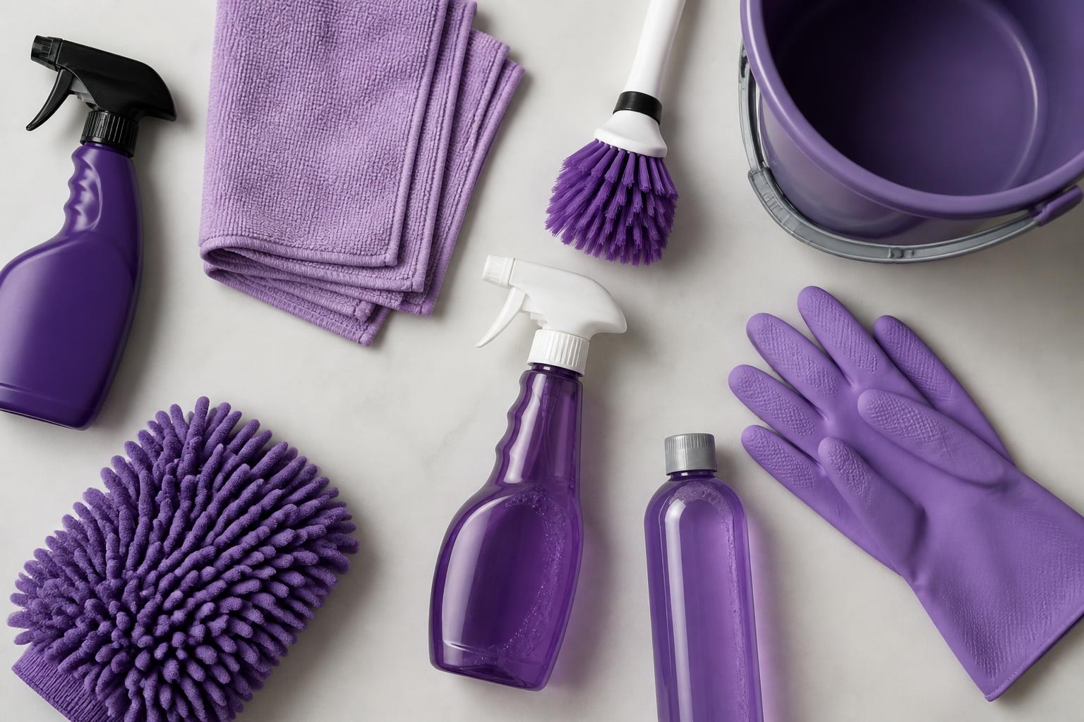 Flat lay of cleaning supplies and sprays
